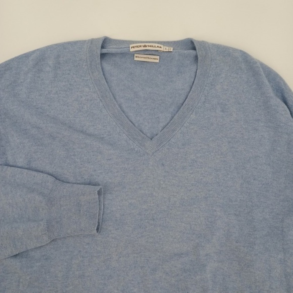 Peter Millar Mens Large Light Blue Cotton Cashmere V-Neck Sweater Heathered Knit